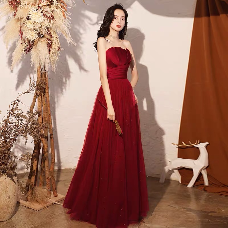 Evening dress, burgundy tube top, 2021 collection, fitted