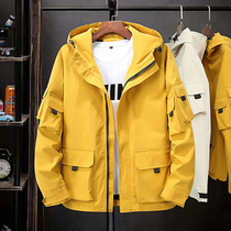 Fatty Plus Size Male Hooded Jacket 2019 Spring and Autumn Tide Brand Loose Yellow Multi-Pocket Jacket