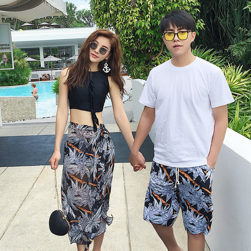 Couple swimsuit summer new two-piece men's swimming trunks women's three-piece seaside beach resort beach swimsuit set