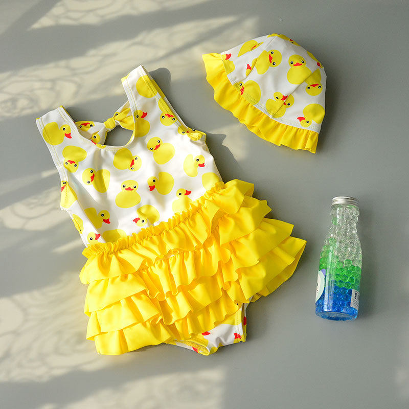 Girls swimsuit 1 Child one-piece cute princess dress Small yellow duck Children's swimsuit 6 year old 2021 summer baby swimsuit