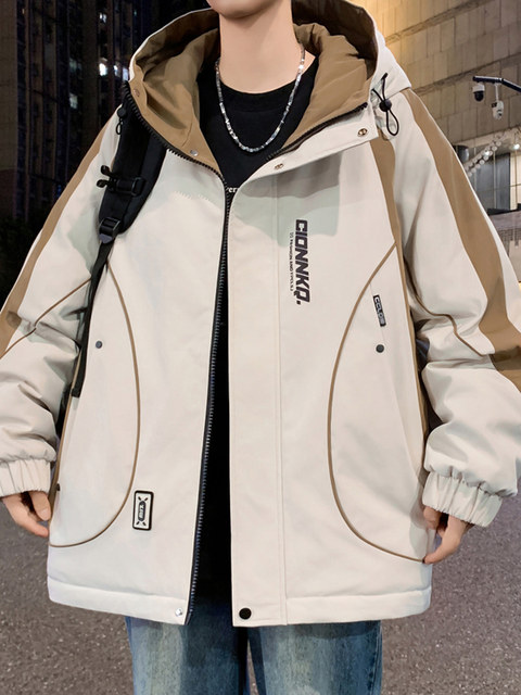 Teenage Boys' Hooded Fleece-Lined Thick Cotton Jacket, New Winter Style for Middle School Students, Loose Casual Warm Coat, Trendy