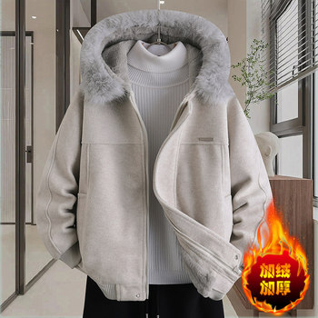 Winter New Style Hooded Large Fur Collar Fleece-Lined Thick Woolen Coat for Men and Teenagers, Slim Fit Warm Woolen Jacket