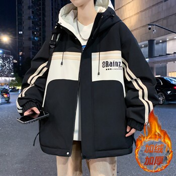 Fleece-Lined Thickened Jacket for Men, Winter College Style Trendy Cotton Coat for Junior High School Students and Teenagers, Patchwork Jacket for Men