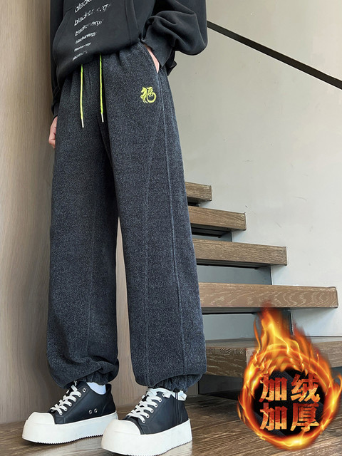 Teenagers' Pants with Fleece Lining, Thickened for Autumn and Winter, Loose Straight-Leg Sweatpants for Boys, Casual Long Pants for Middle and High School Students