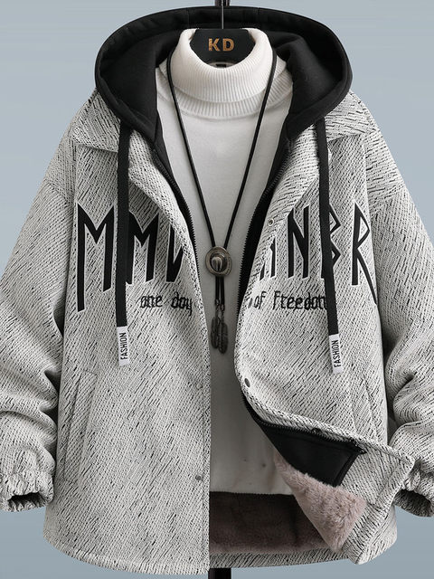 Winter New Style Fleece-Lined Thick Woolen Coat for Teenagers, Trendy Faux Two-Piece Jacket, Stylish Loose-Fit Men's Cotton Clothing