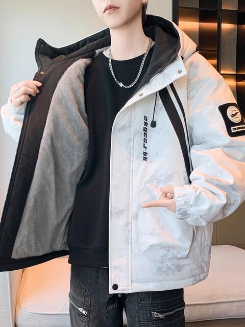 Autumn and Winter New Style Youth Hooded Fleece-Lined Thickened Jacket with Tie-Dye High-End Print, Warm and Versatile Cotton Coat for Boys