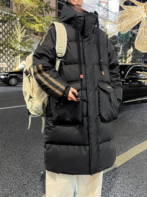 Winter Youth Mid-Length Warm down Jacket Versatile Men's Fluffy White Duck down Student Loose Hooded Coat