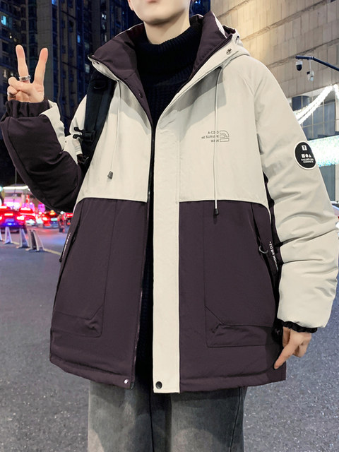 Outdoor Casual Style Color-Blocked Hooded Jacket for Boys, Thickened and Loose-Fitting, Suitable for Teenagers and Students, Warm and Cold-Resistant