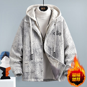 Winter New Style Fleece-Lined Thick Woolen Coat for Teenagers, Trendy Faux Two-Piece Jacket, Stylish Loose-Fit Men's Cotton Clothing