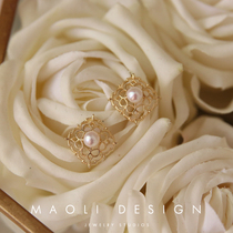 MAOLI Retro Light Luxury Lace Elegant Hollowed-out 925 Pure Silver Cream Flowers Natural Fresh Water Pearl Earrings Earrings