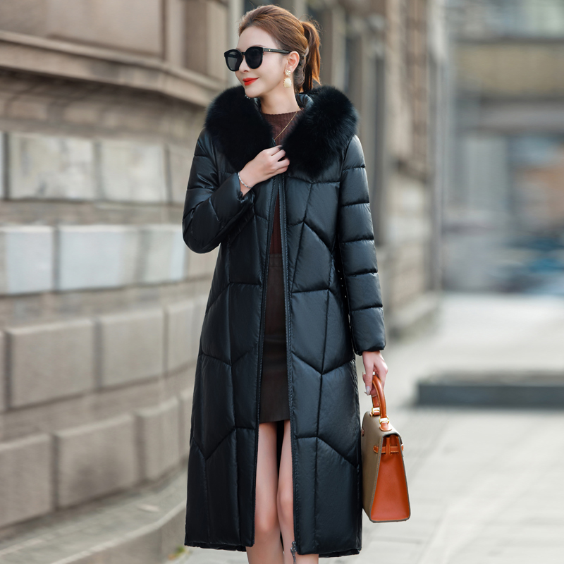Authentic Haining Genuine Leather Jacket for Women, New Style down Cotton Coat, Over-The-Knee Long Thickened Leather Coat, Leather Outerwear for Women