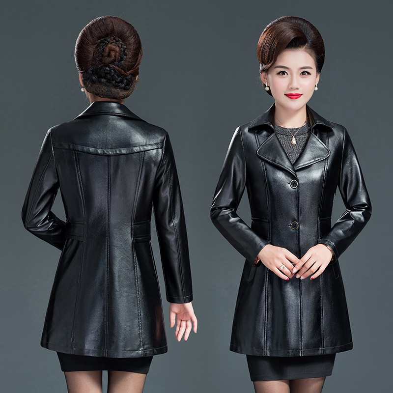 Leather Trench Coat for Women, Mid-Length, 2024 Autumn and Winter, Thickened, Slim Fit, Waist-Cinching, Plus Size, Mother's Wear, Leather Jacket, Women's Pu Leather Coat
