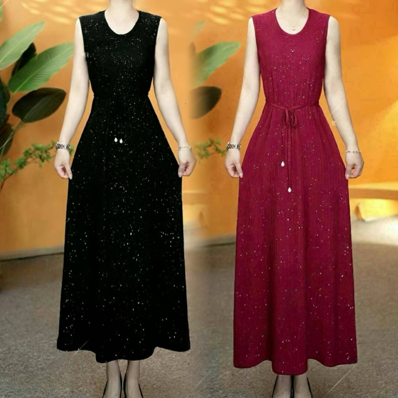 Sleeveless Vest Dress Spring and Summer Fashionable Lace-Up Waist Slimming Fashionable Baby's Breath Round Neck Inner Elegant Long Skirt