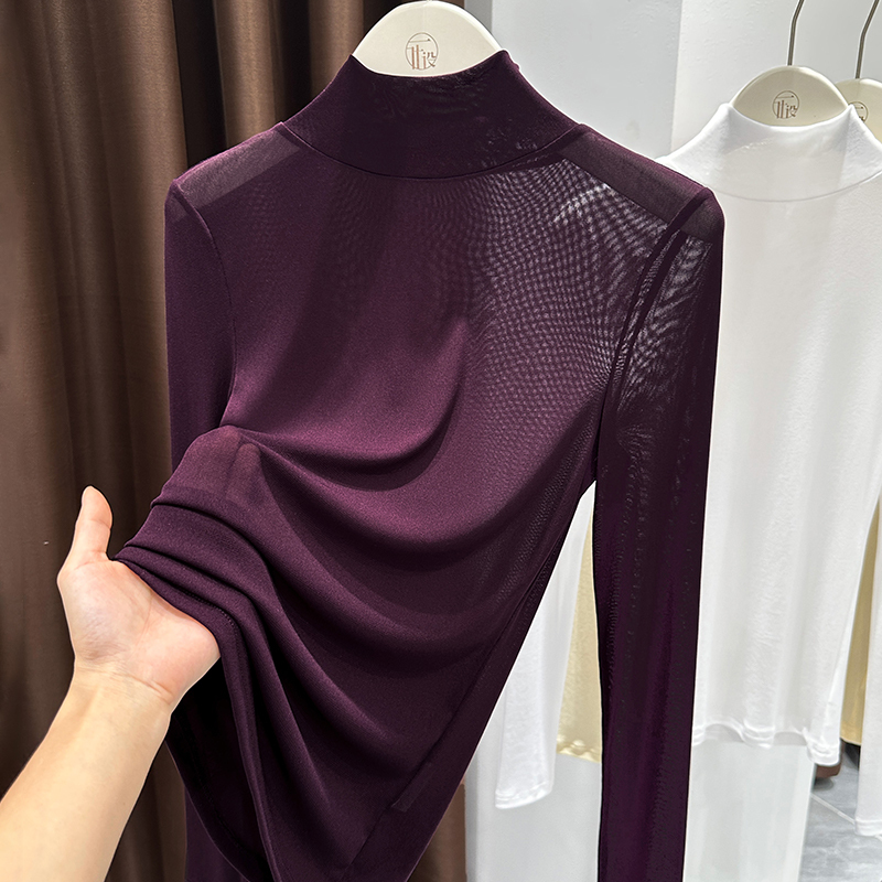Dark Purple Half-High Collar Mesh Base Shirt for Women, High-End Thin Sweater for Layering, Elastic Long-Sleeve Lace Top