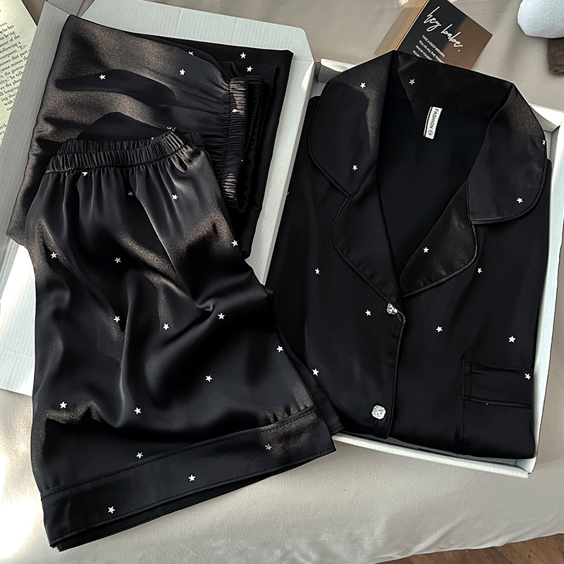 High-End Black Ice Silk Pajamas for Women 2026 New Summer Short-Sleeved Three-Piece Set Home Wear Can Be Worn Outside in Summer and Spring & Fall High-End Black Ice Silk Pajamas for Women 2026 New Summer Short-Sleeved Three-Piece Set Home Wear Can Be Worn Outside in Summer and Spring & Fall