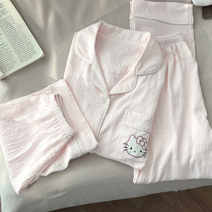 Korean Style Cat Cotton Silk Pajamas for Women, Summer Short-Sleeved Three-Piece Set, Sweet Style, Thin Style That Students Can Wear Outside in Summer