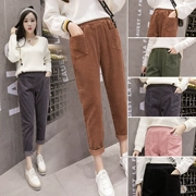 Fat mm vải nhung kẻ sọc thường xuyên quần nữ quần nhung kẻ rộng mùa thu và mùa đông cộng với phân bón XL quần thun eo cà rốt