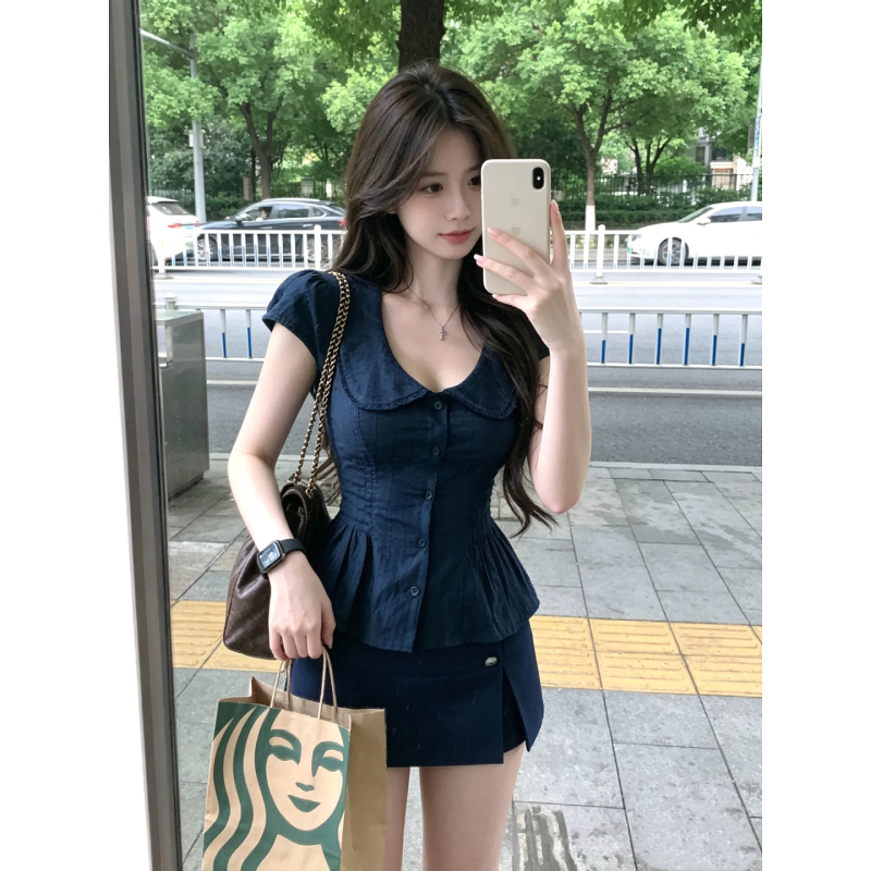 Plus-Size Korean-Style Sweet and Spicy Ruffled Blouse for Women, New Summer Model, Waist-Cinching, Slimming, Atmospheric Top