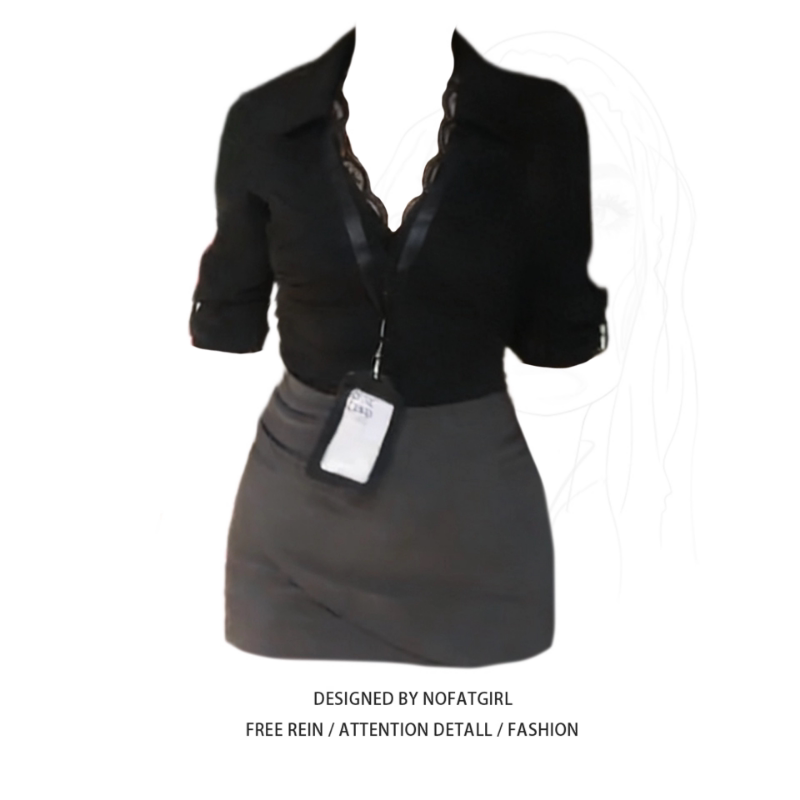 Plus-Size Korean-Style Sexy Black Lace Patchwork Shirt for Women, New Spring Slim-Fit Flattering Top