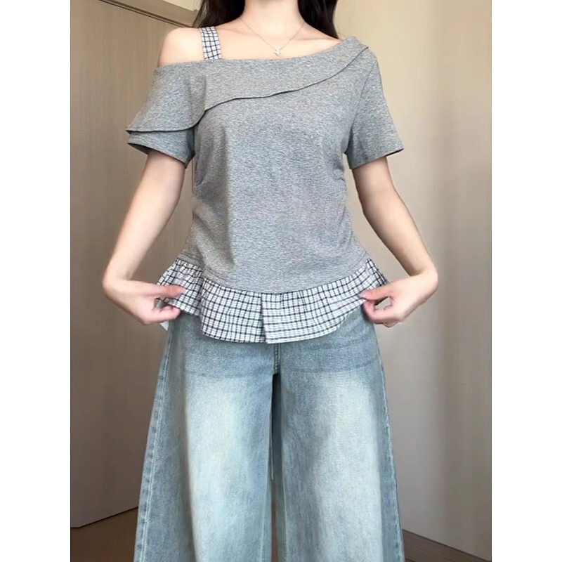 Plus-Size Gentle Style Off-Shoulder Plaid Patchwork Short-Sleeve T-Shirt for Women, Summer Fashion Versatile Ruffle Top for Chubby Girls