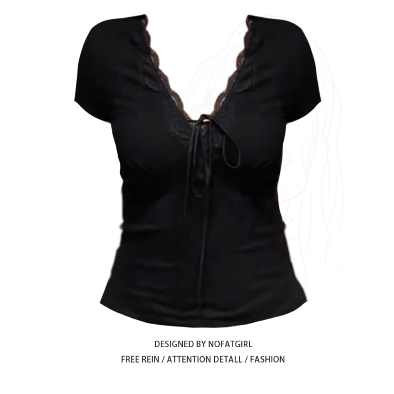 Plus-Size French Lace Patchwork V-Neck Tie Short-Sleeve T-Shirt for Women, Summer Slim-Fit Top for a Sexy Look