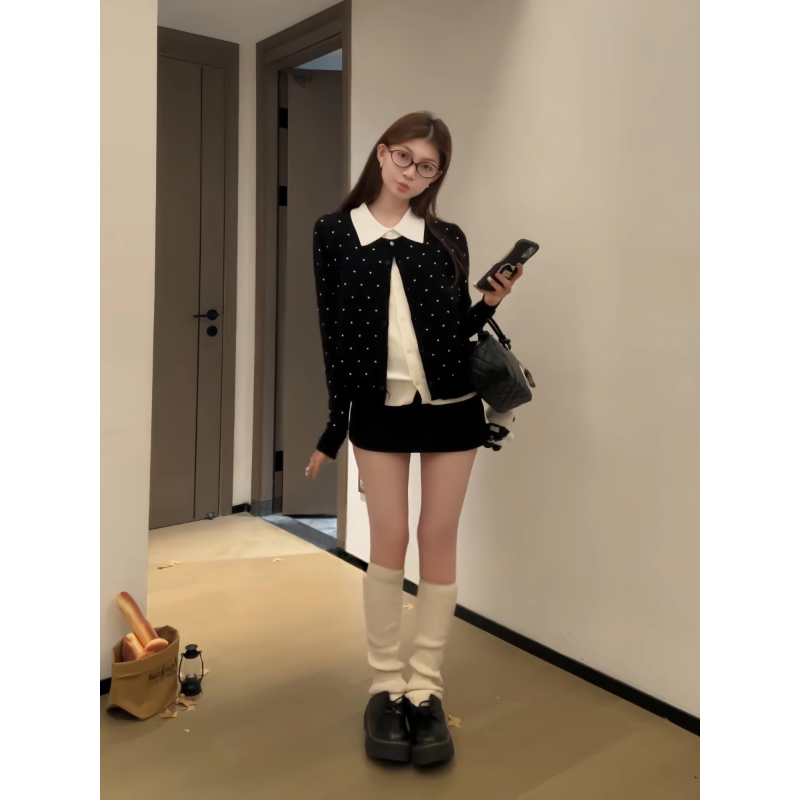 Plus-Size Korean Style Fake Two-Piece Collared Patchwork Knit Cardigan for Women, Autumn Color-Block Polka Dot Sweater Jacket Trendy