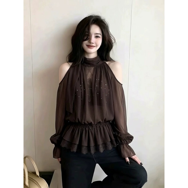 Plus-Size Sexy Maillard-Style Lace Patchwork Off-Shoulder Chiffon Blouse for Women, New Summer Design with Rhinestone Accents