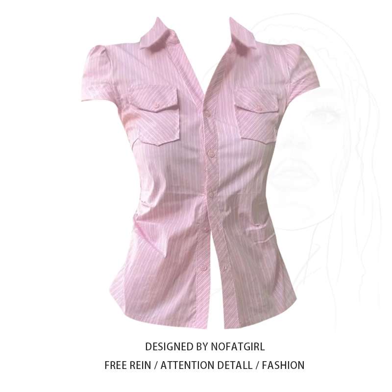 Plus Size Pink Striped Short-Sleeved Shirt for Women, New Summer Style, American Style Hot Girl Design, Waist-Cinching and Slimming Shirt Plus Size Pink Striped Short-Sleeved Shirt for Women, New Summer Style, American Style Hot Girl Design, Waist-Cinching and Slimming Shirt