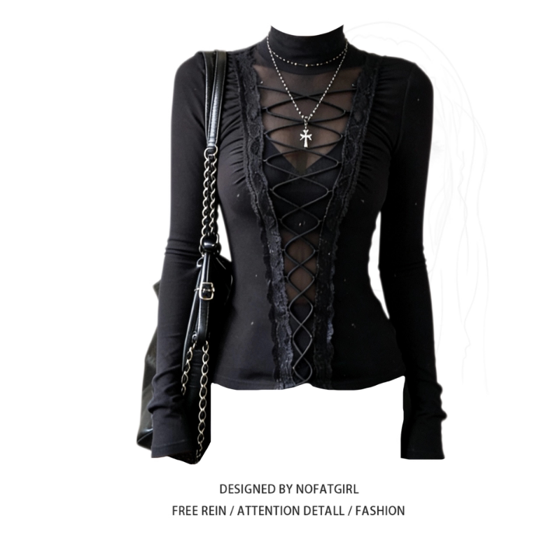 Plus-Size Chubby Girl Pure and Sexy Lace Patchwork Tie-Up Long-Sleeve T-Shirt for Women, Autumn and Winter Design Base Shirt Top