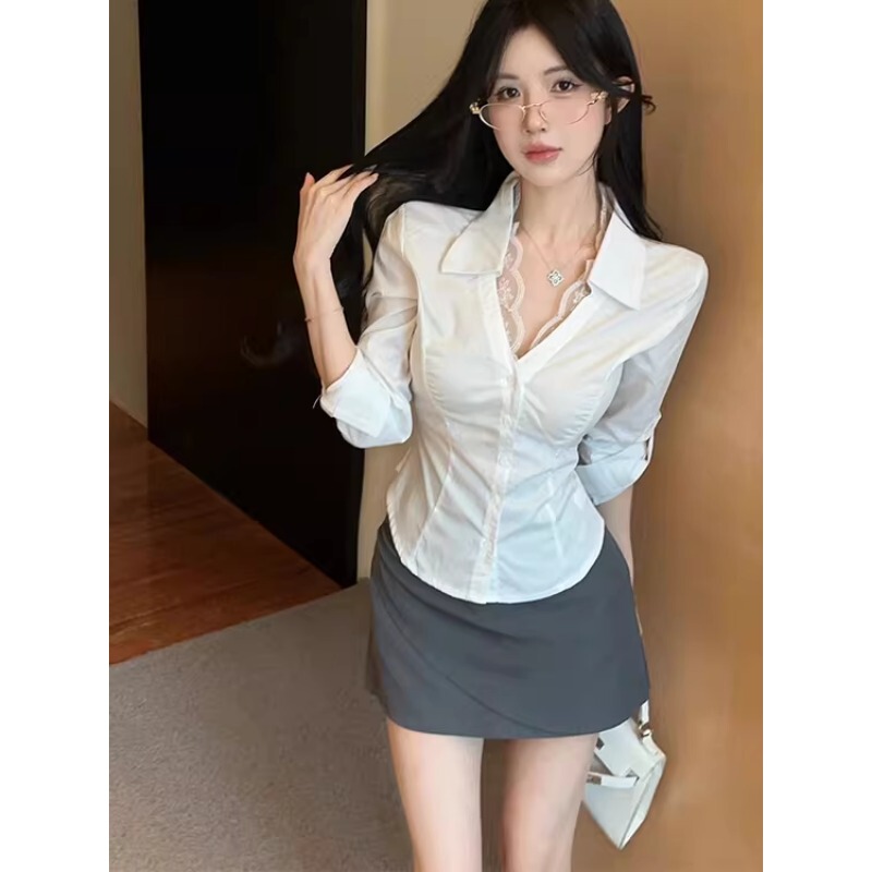 Plus Size Lace Trim V-Neck Long-Sleeve Shirt for Women, Spring Season, Mature Style, Sexy and Elegant, Slim Fit Top