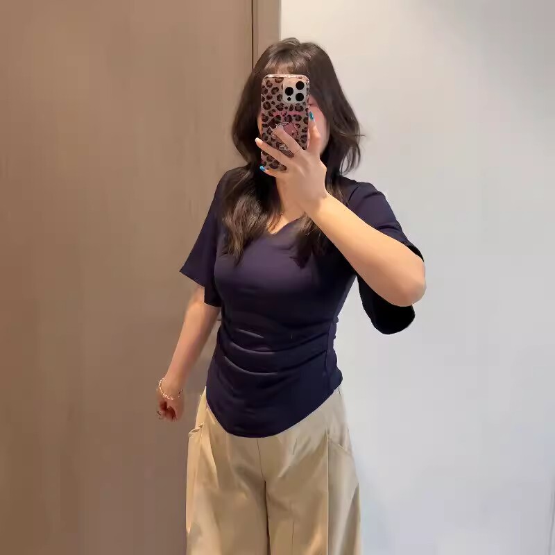 Plus-Size French-Style Pure Desire V-Neck Batwing Sleeve Short-Sleeve T-Shirt, Summer New Trendy Unique Top