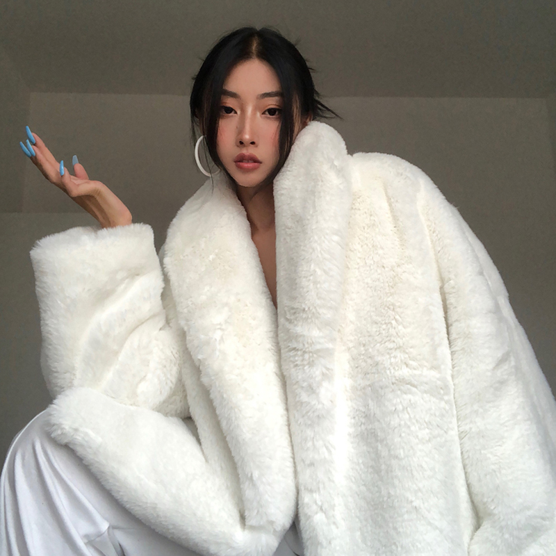 Lady Going Out ins Hot Girl Faux Fur Ultra Thick Heavy-Duty Rabbit Fur Mid-Length Bathrobe Coat Fur White Jacket