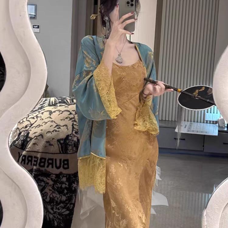 Diancui New Chinese Style Zen-Inspired Women's Clothing Golden Strap Dress Set Women's 2025 New Bridal Morning Gown Diancui New Chinese Style Zen-Inspired Women's Clothing Golden Strap Dress Set Women's 2025 New Bridal Morning Gown