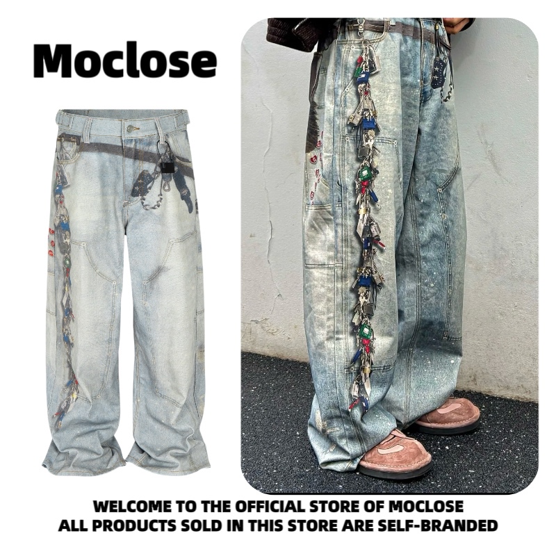 Moclose American Retro Multi-Key Chain Heart Digital Print Men's and Women's Loose Straight Floor-Length Jeans