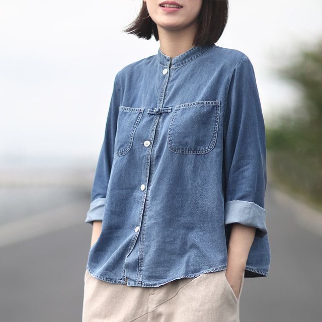 2023 spring new literary retro all-match stand-up collar button denim cotton shirt women's long-sleeved loose slimming top