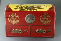 Buddha Yuan Pavilion Republic of China wooden jewelry box Red paint yellow powder Flower and bird decoration Built-in character painting and text