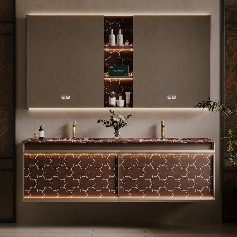 Designer Original High-End Italian-Style Light Luxury Bathroom Cabinet Set with Imported Natural Luxury Stone Washbasin and Sink Cabinet Designer Original High-End Italian-Style Light Luxury Bathroom Cabinet Set with Imported Natural Luxury Stone Washbasin and Sink Cabinet