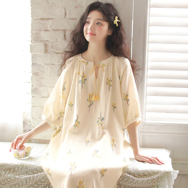 Summer Thin Cotton Nightgown with Breast Pads for Women 2025 New Style Double-Layer Gauze Mid-Sleeve Loose Large Size Nightgown Dress