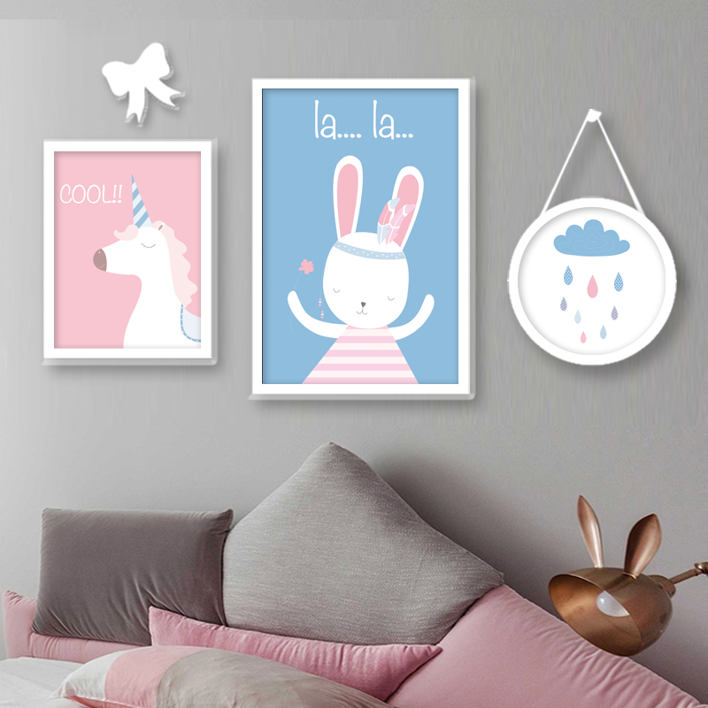 Children's room girl bedroom cute princess room bunny rabbit unicorn cartoon fresco decoration painting