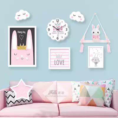 Children's room cartoon living room decoration painting ins Wind bedroom Nordic style pink girl girl heart bedside painting