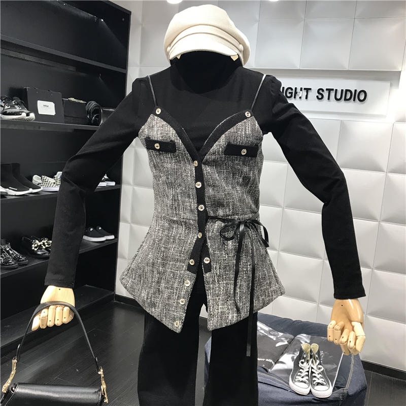 Mùa thu đông 2018 quý cô mới mặc sling houndstooth kim loại khóa thắt eo eo mỏng vest hàng đầu thời trang công sở nữ