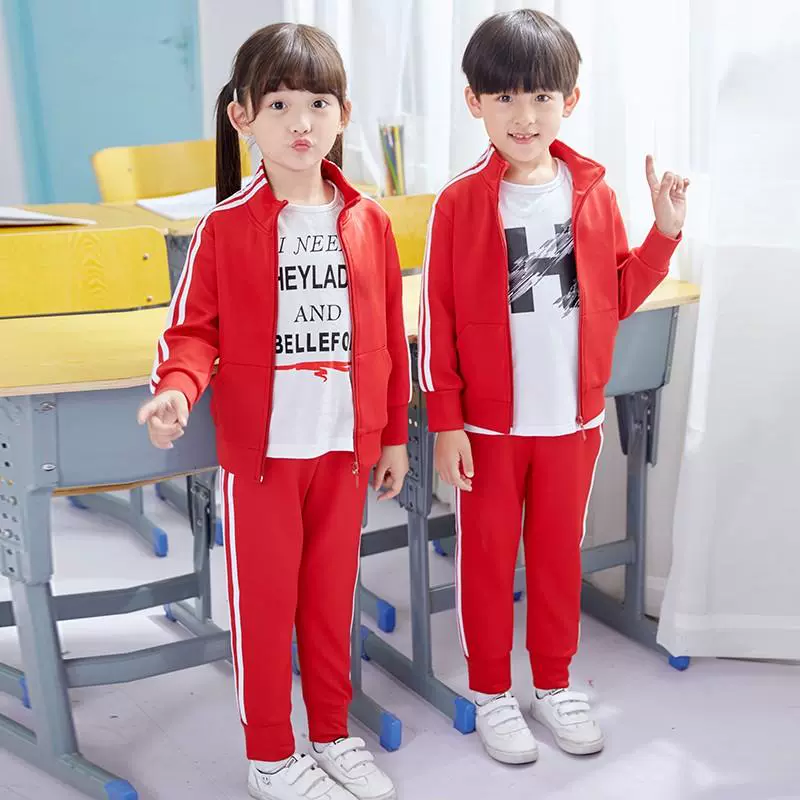 Quần áo mẫu giáo đồng phục học sinh tiểu học quần áo lớp một mùa xuân thu đông đỏ cộng với bộ đồ thể thao nhung dày - Đồng phục trường học / tùy chỉnh thực hiện