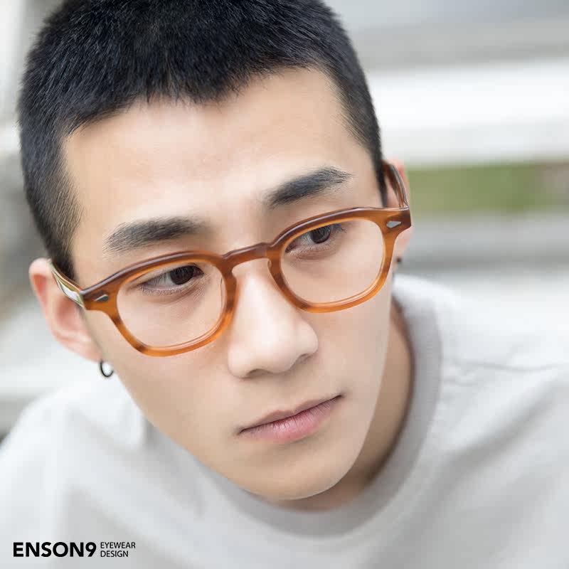 enson 9 Japanese retro sheet round glasses tide male translucent amber small frame with near-sight flat glasses