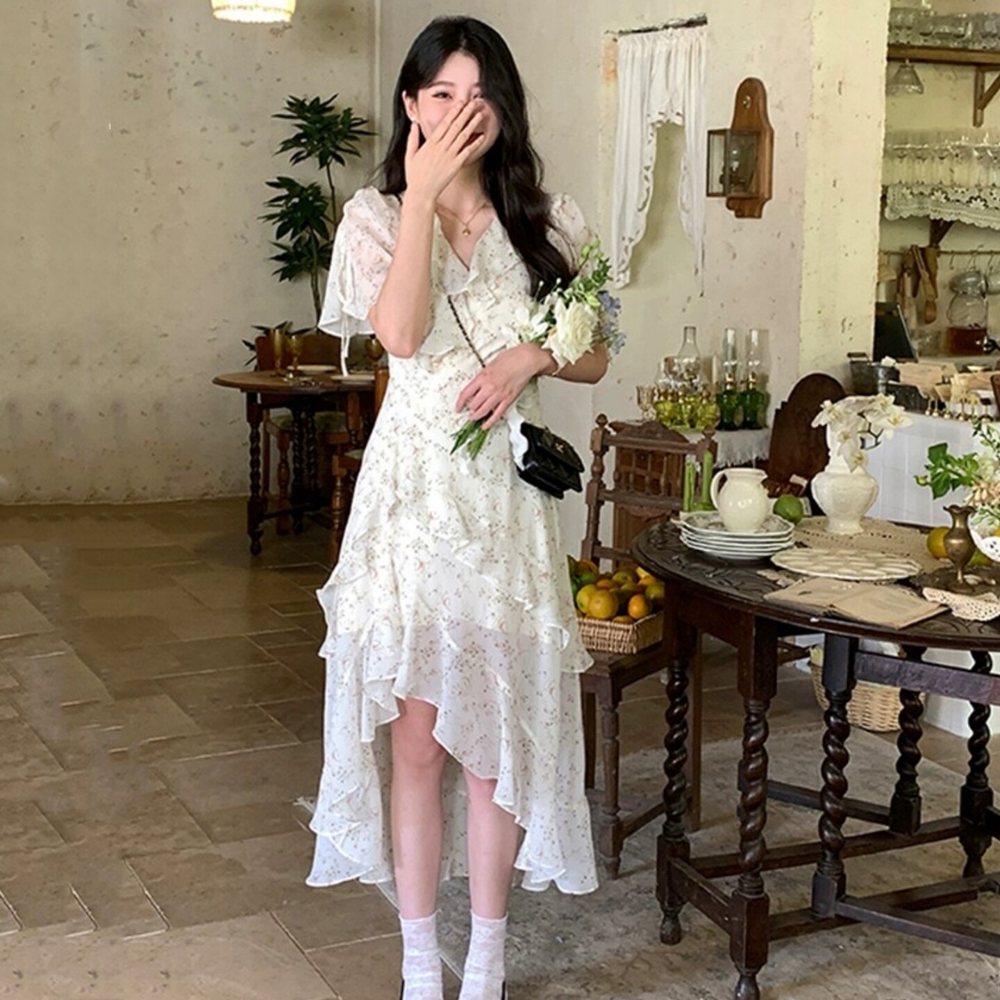 Французское платье с цветочным рисунком pure desire, женская летняя талия, темперамент, чувство стиля, ниша, нерегулярная длинная юбка с оборками Изображение 1