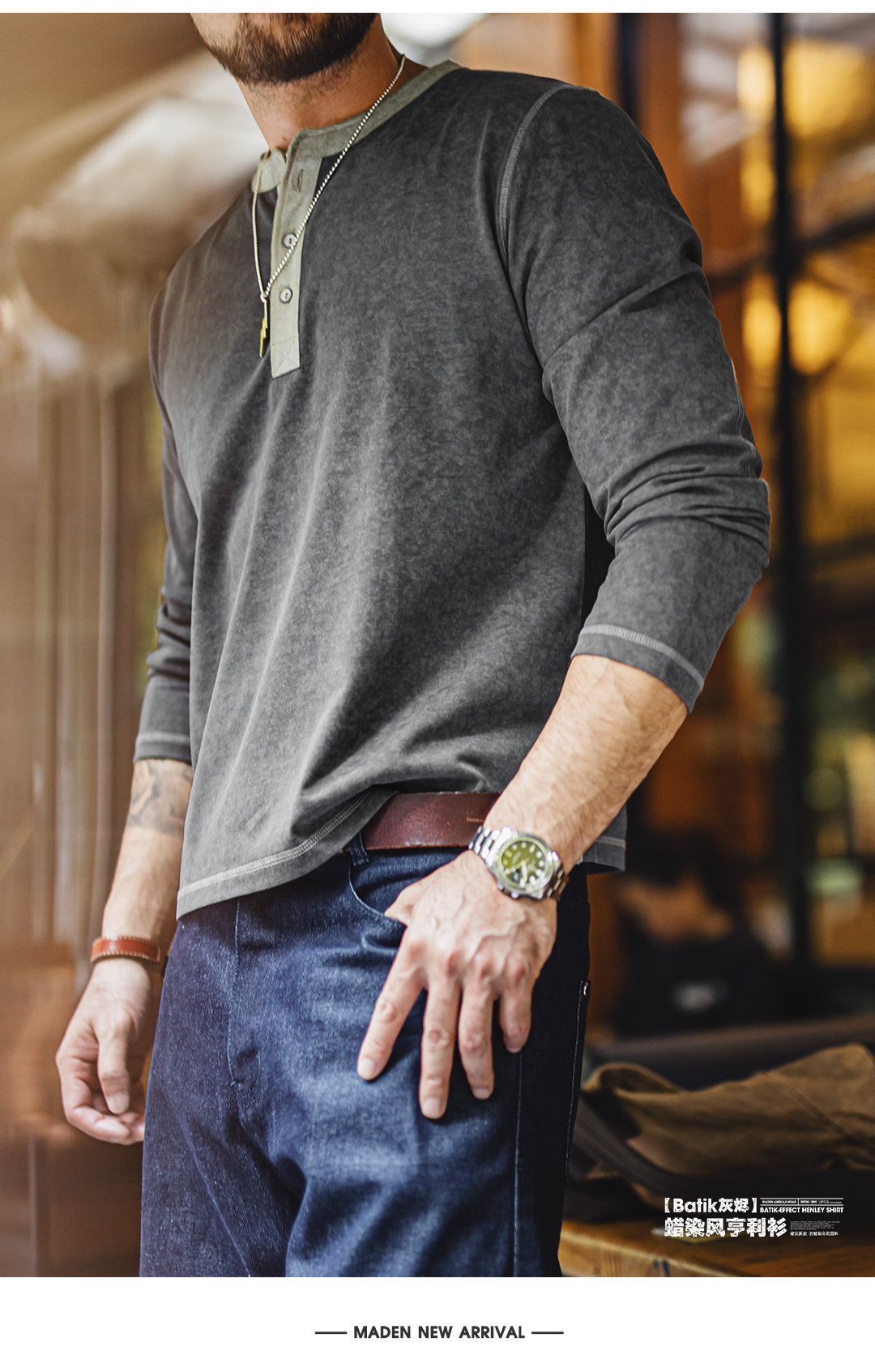MADEN Henry Neck Wax-Dye Long-Sleeve Tee