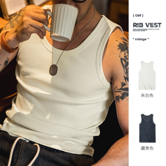 Madden Workwear Retro Solid Color Slim Sleeveless Cotton Vest T-shirt Sports Fitness Threaded Inner Bottoming Shirt Men's Summer