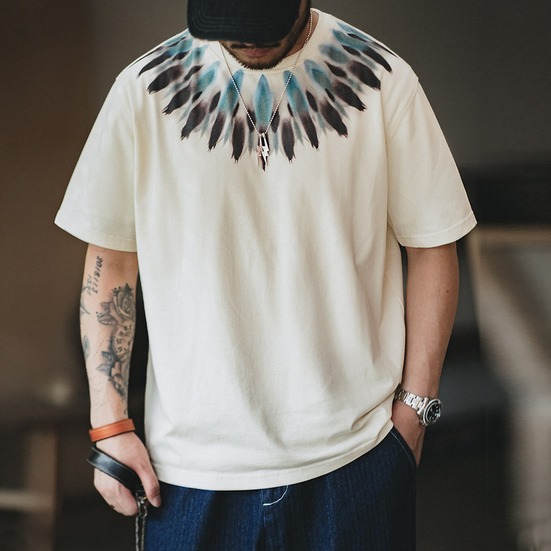 Madden Workwear American Retro Heavyweight Indian Feather Print White Pure Cotton Short-Sleeve Ethnic Style T-Shirt for Men Summer Madden Workwear American Retro Heavyweight Indian Feather Print White Pure Cotton Short-Sleeve Ethnic Style T-Shirt for Men Summer