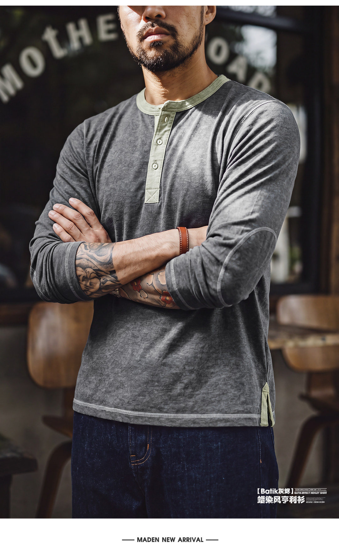 MADEN Henry Neck Wax-Dye Long-Sleeve Tee