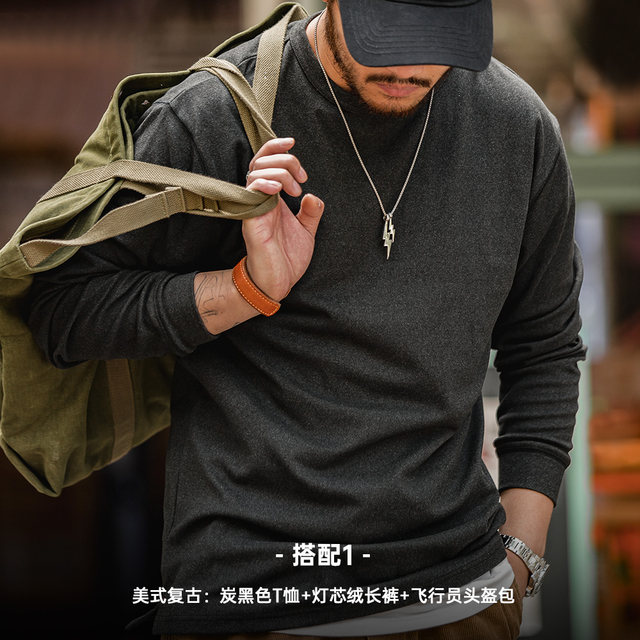 Madden workwear American casual heavyweight brushed T-shirt imitation ເຍຍລະມັນ velvet warm inner sleeved sweatshirt bottoming shirt men's spring