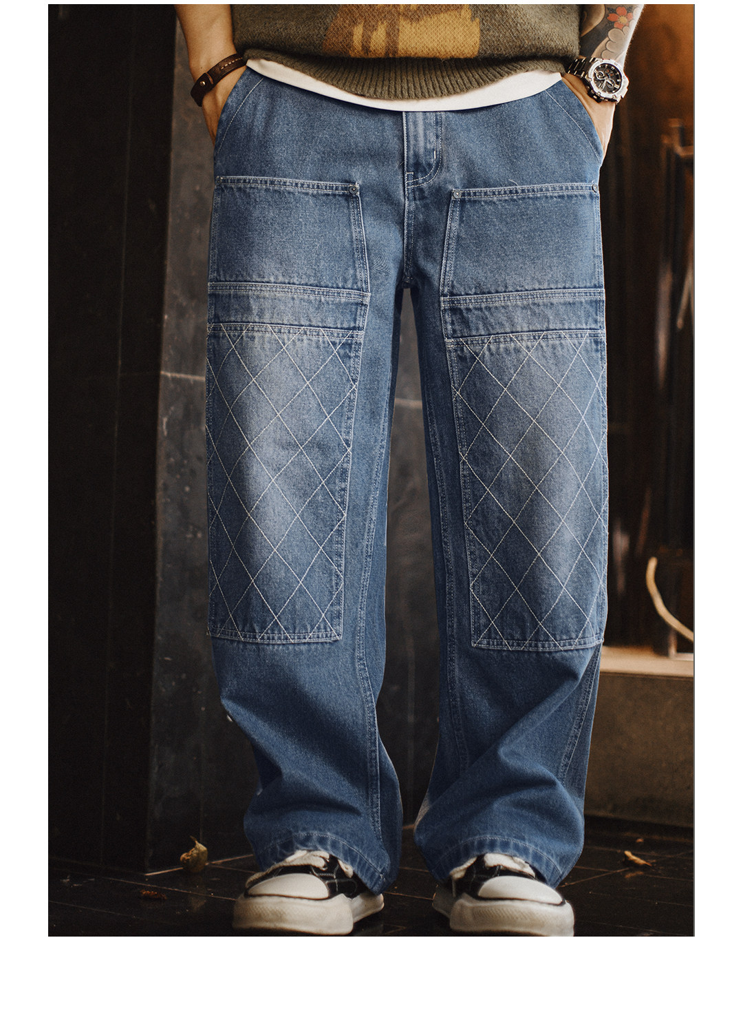 MADEN Double-Knee Washed Straight-Leg Jeans
